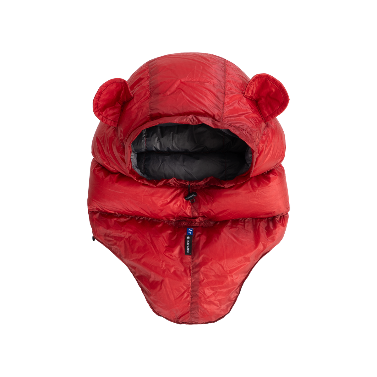 Iceflame Hyperlite down hood – red front view