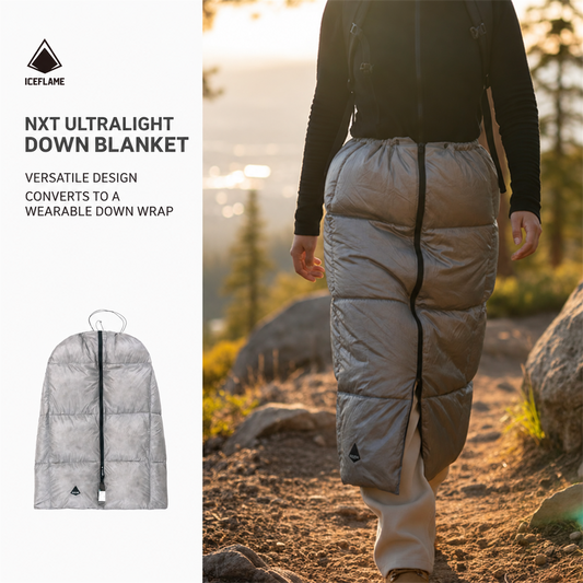 Iceflame NXT down blanket worn as a zip-front wrap