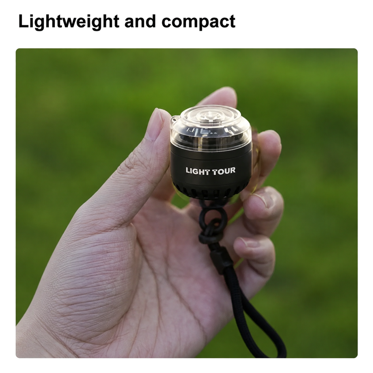 Light Tour ultralight camping air pump – held in a hand with carry loop
