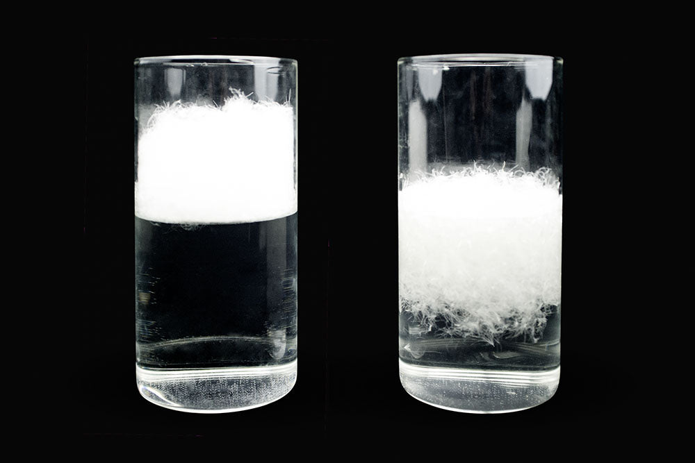 Iceflame comparison of treated and untreated down in water