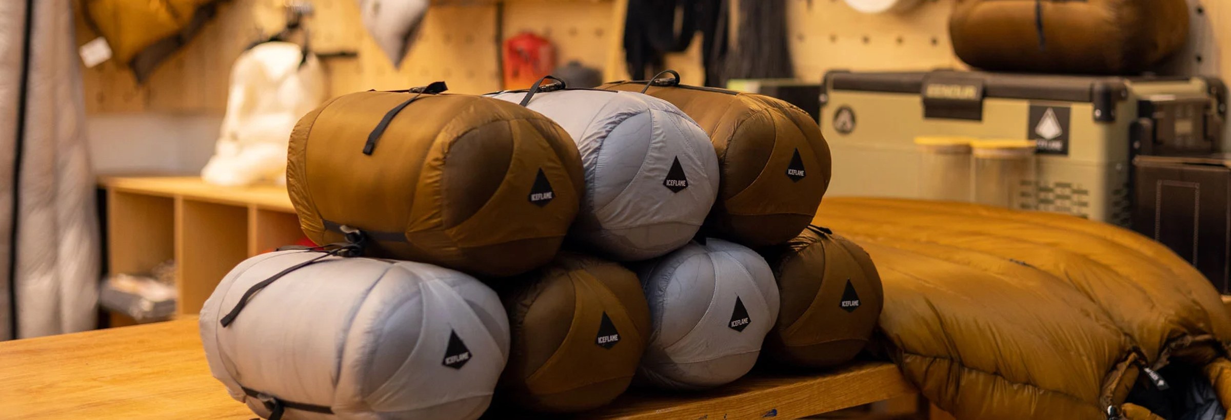 Packed Iceflame sleeping bags in the workshop