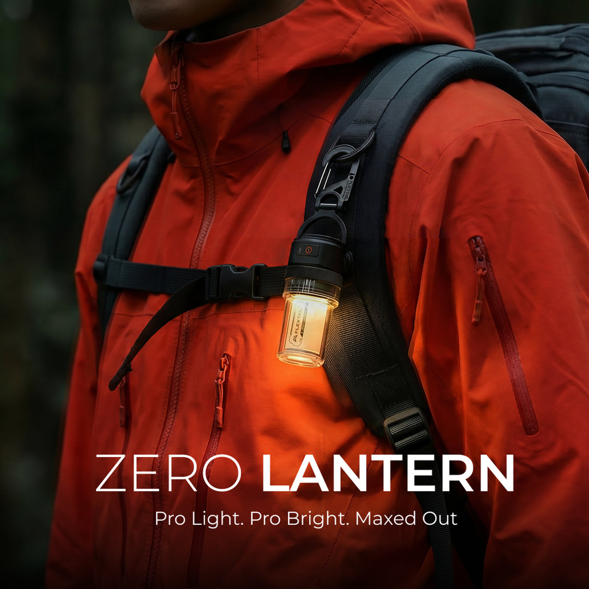 Flextail Zero Lantern clipped to a backpack shoulder strap