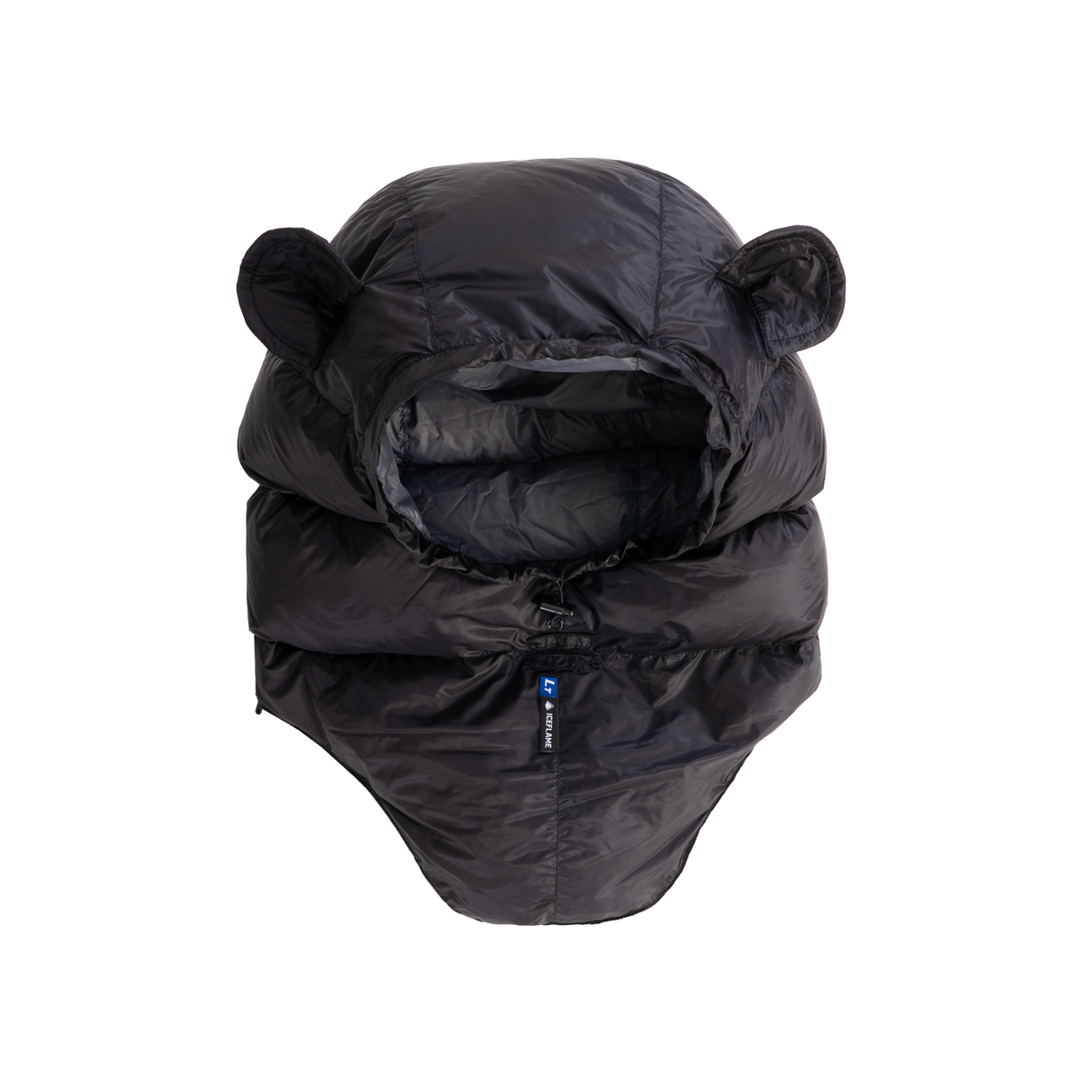 Iceflame Hyperlite down hood – black front view