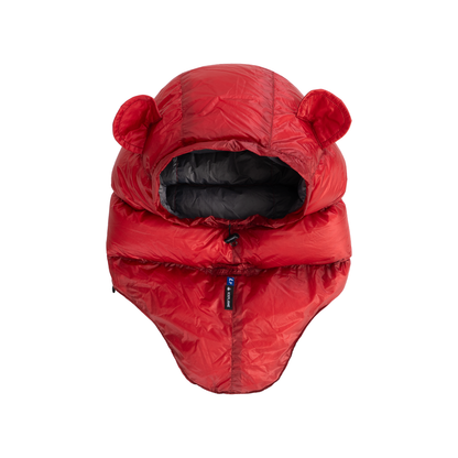 Iceflame Hyperlite down hood – red front view