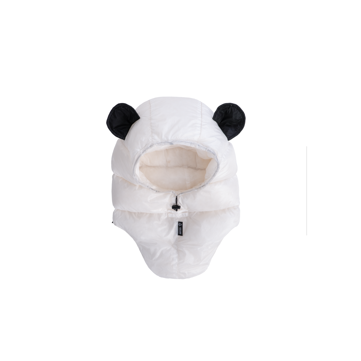 Iceflame Hyperlite Down Hood white with black ear panels detail