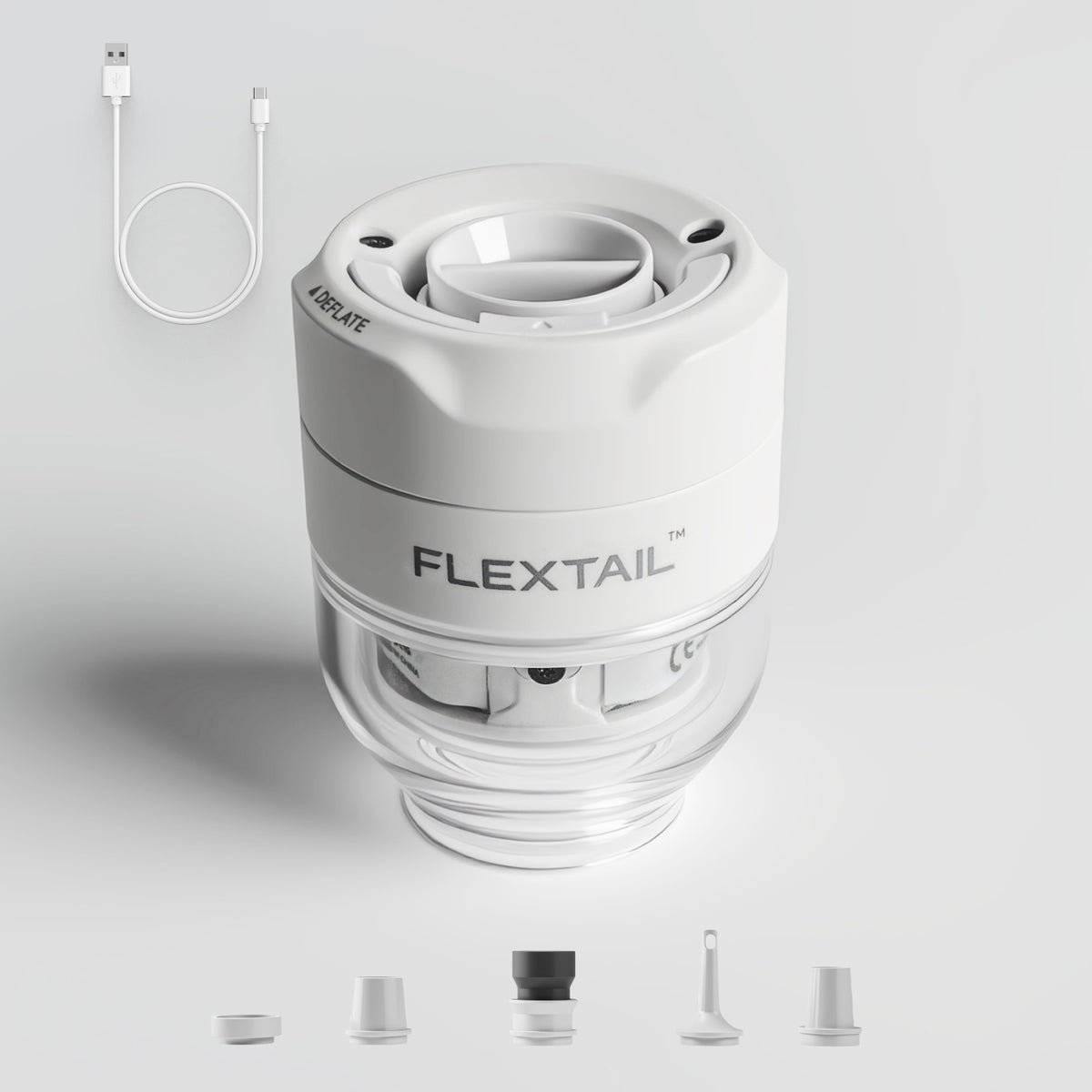Flextail Tiny Pump 3X top view with USB-C cable and five nozzle adapters
