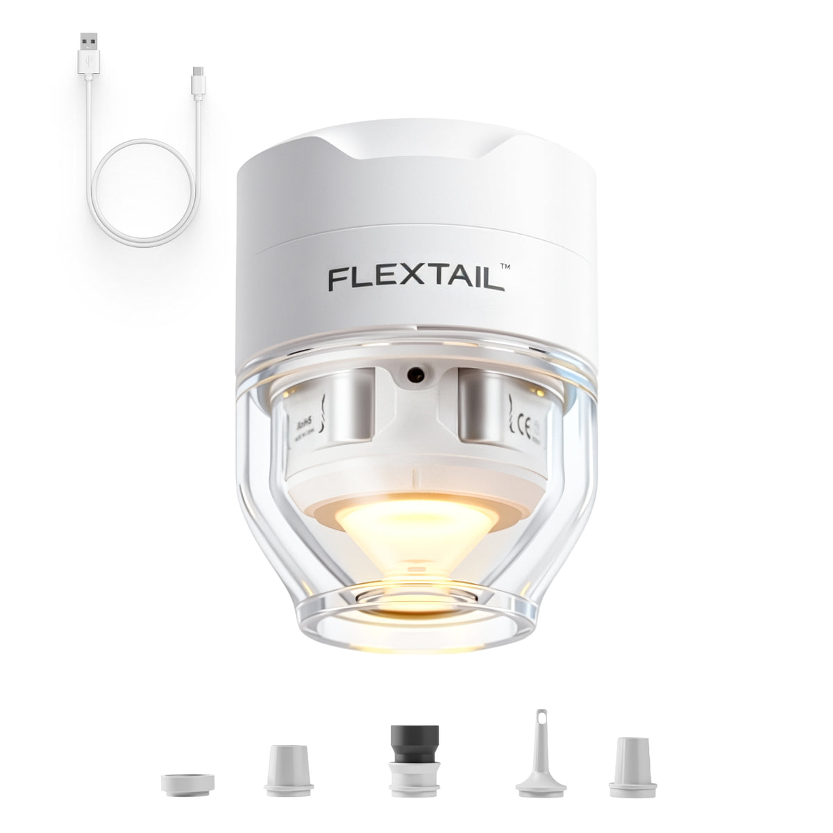 Flextail Tiny Pump 3X camp light with USB-C cable and five nozzle adapters