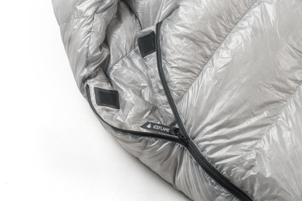 Iceflame Corelite sleeping bag – grey mummy bag front view