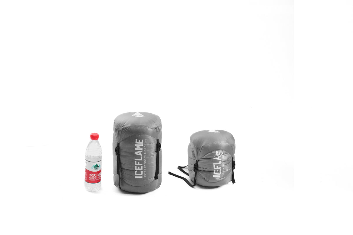 Iceflame compression bag for sleeping bag – two packed grey bags