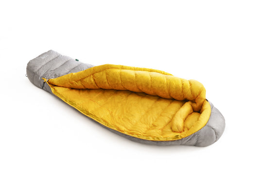 Iceflame Core Series down sleeping bag – open grey and yellow interior