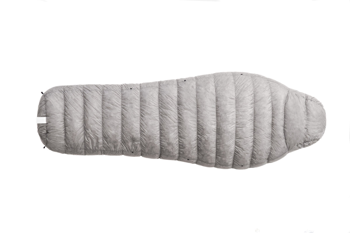 Iceflame lightweight sleeping bag – grey shell from above
