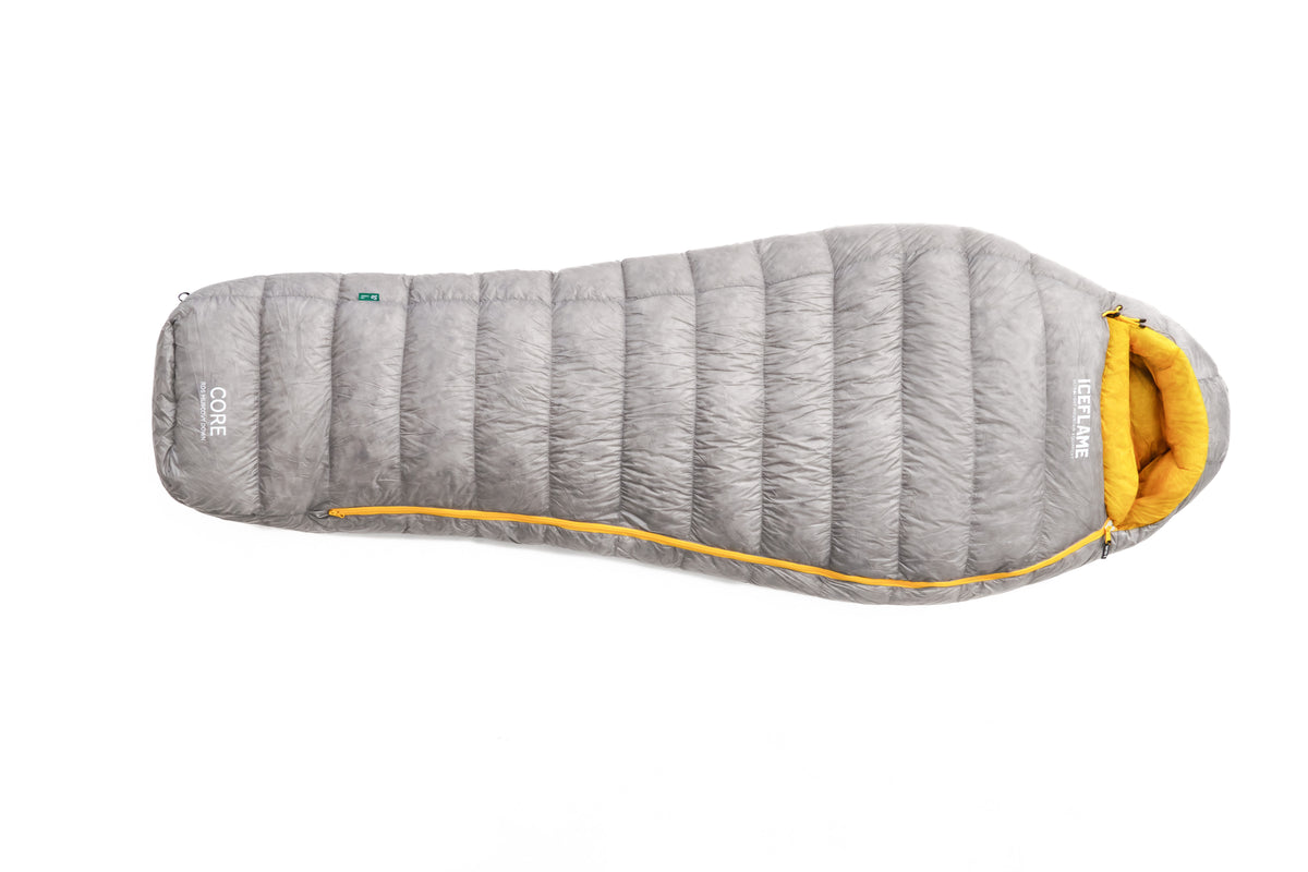 Iceflame 3 season down sleeping bag – grey exterior with yellow zip