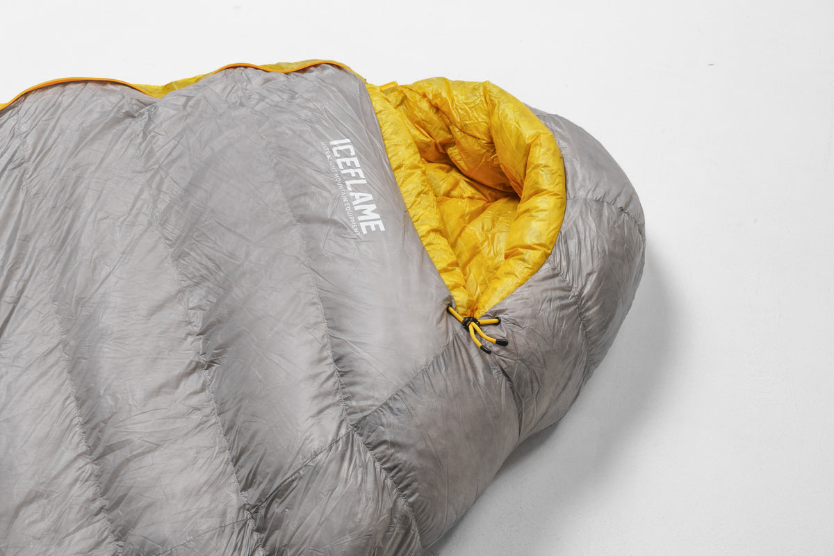Iceflame down sleeping bag – grey hood and yellow lining