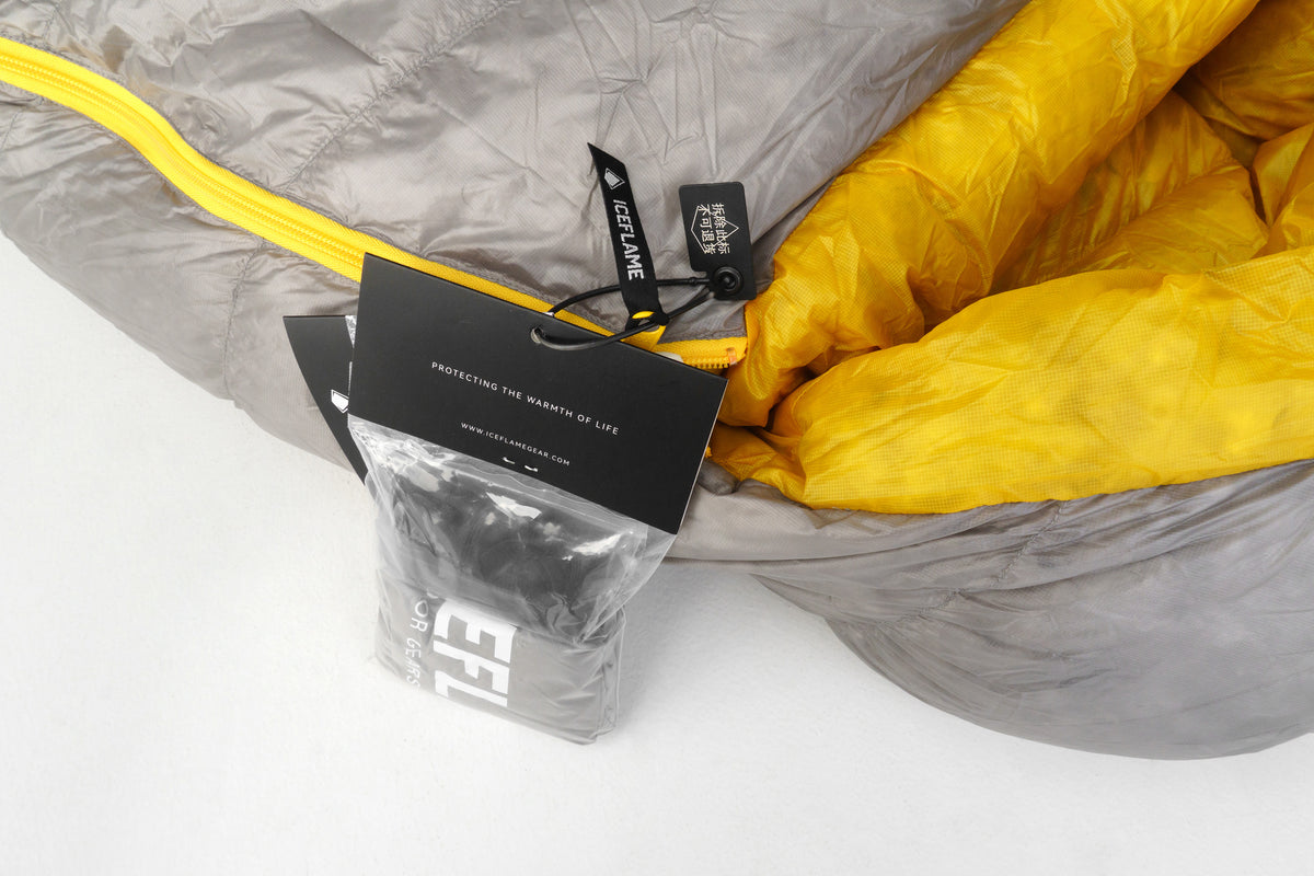 Iceflame sleeping bag camping detail – grey shell branding