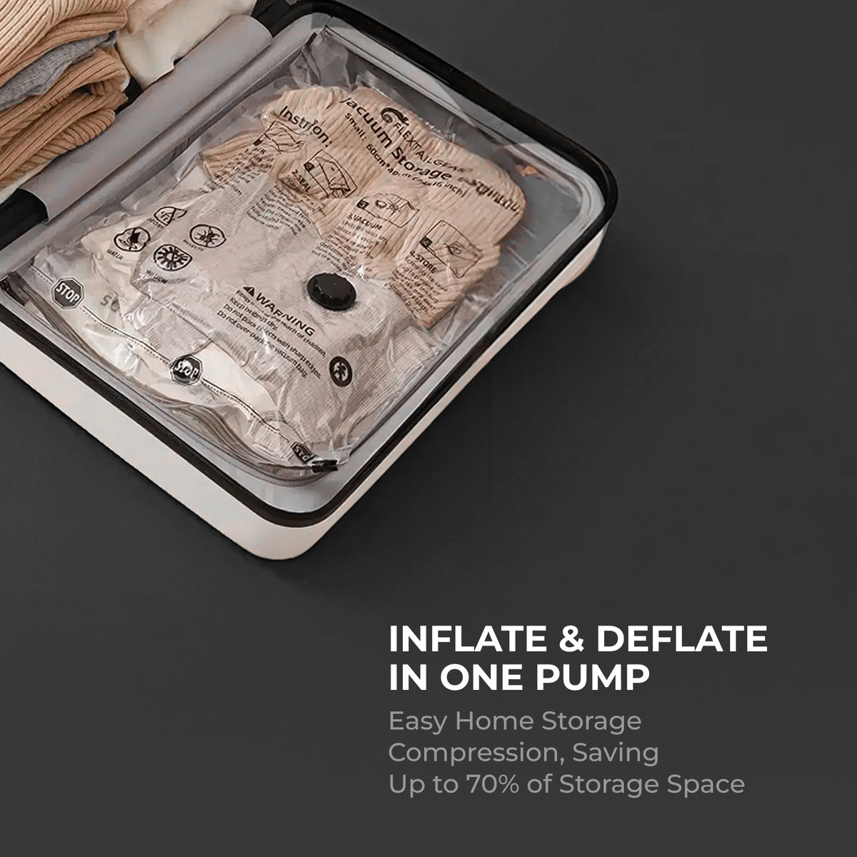 Flextail Tiny Pump 3X air pump deflating a vacuum storage bag