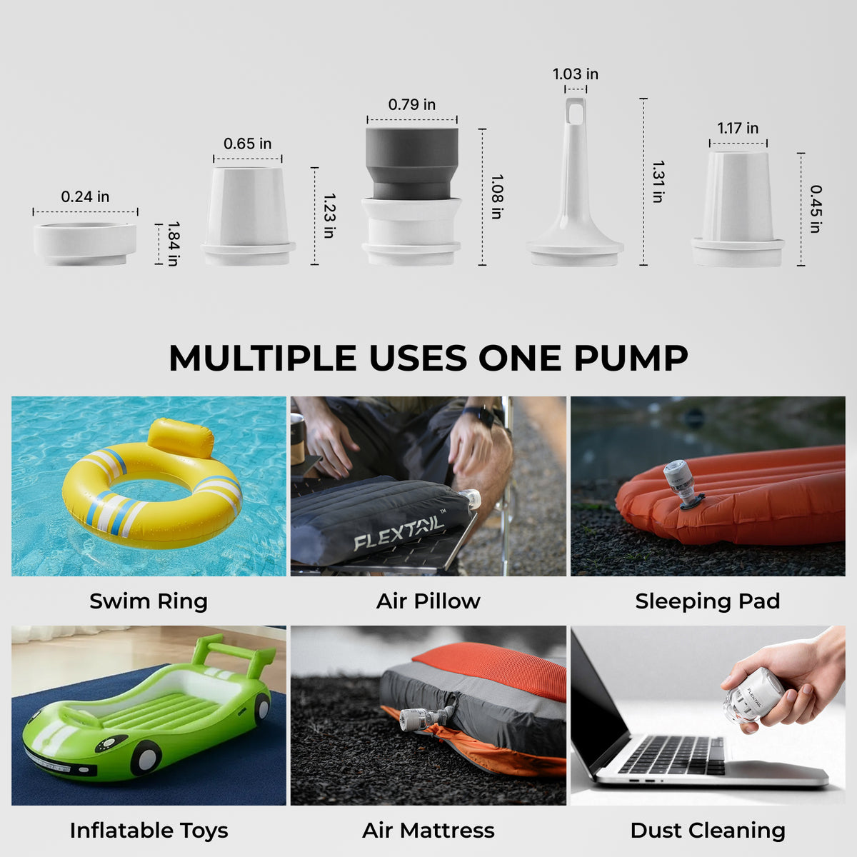 Flextail Tiny Pump 3X five nozzle adapters and compatible uses