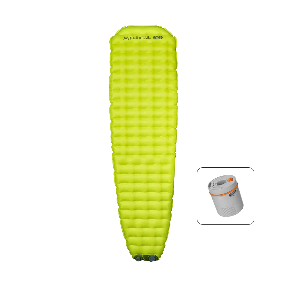 Flextail Tiny Sleeping Pad R09 AVS inflatable sleeping pad – lime mummy profile and pump