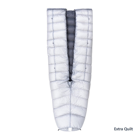 Iceflame down camping quilt opened to show Extra Quilt foot space