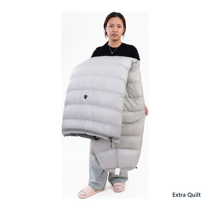 Iceflame Extra Quilt worn as an insulated camp down blanket