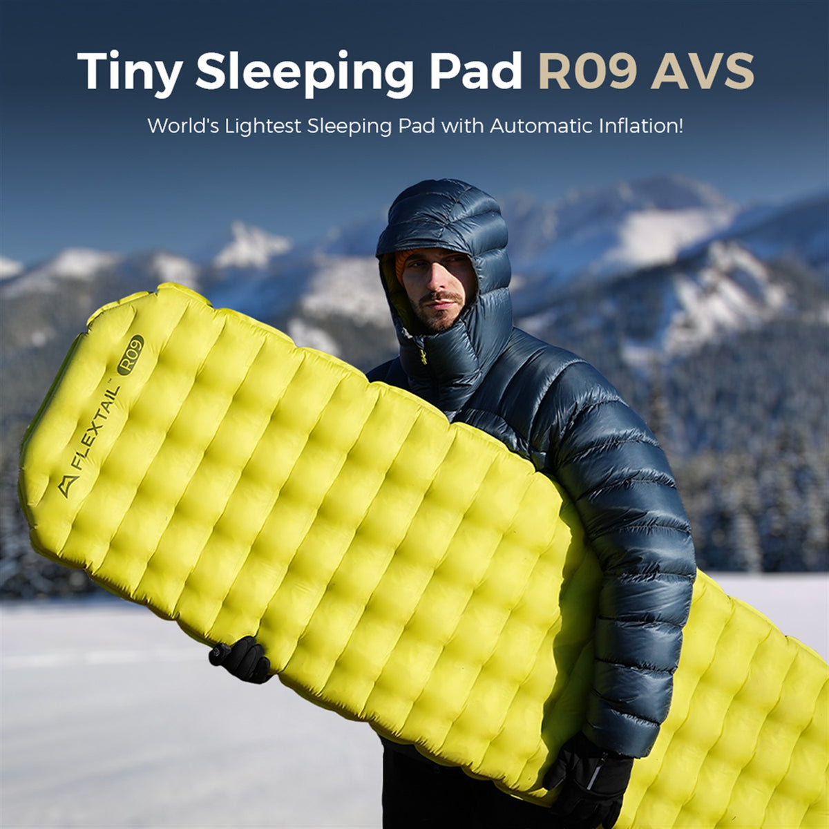 Flextail Tiny Sleeping Pad R09 AVS Mummy in a snowy mountain setting