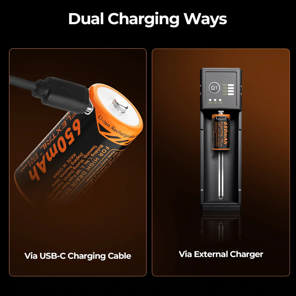Flextail ZERO rechargeable lithium-ion battery – USB-C cable and external charger