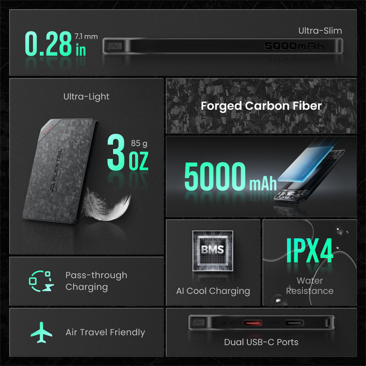 Flextail ZERO POWER power bank thickness, weight and feature overview
