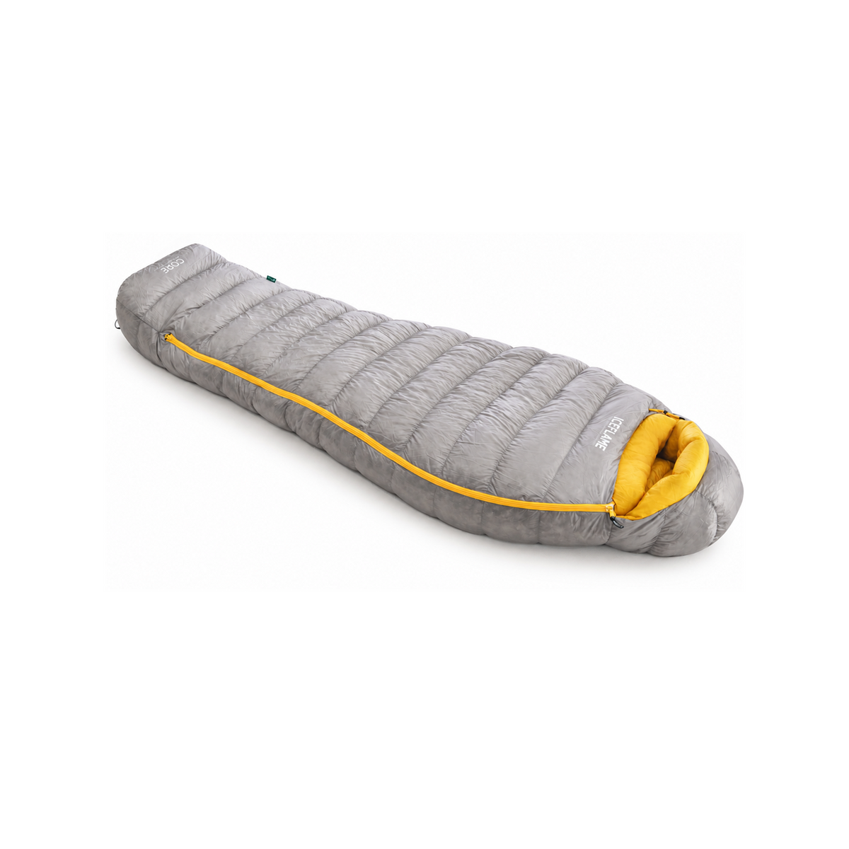 Iceflame Core Series 3 season down sleeping bag – grey mummy sleeping bag with yellow zip