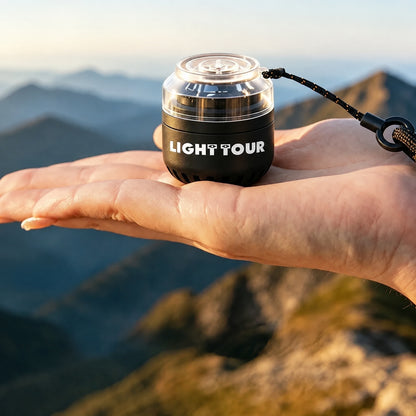 Light Tour ultralight camping air pump – held in a hand outdoors