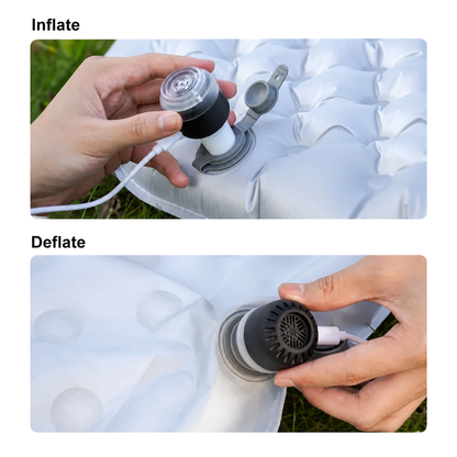 Light Tour electric air pump for an inflatable sleeping pad – inflate and deflate views