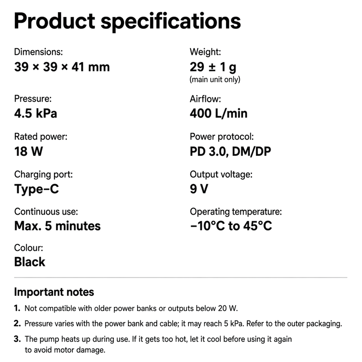 Light Tour ultralight air pump specifications – dimensions and power details