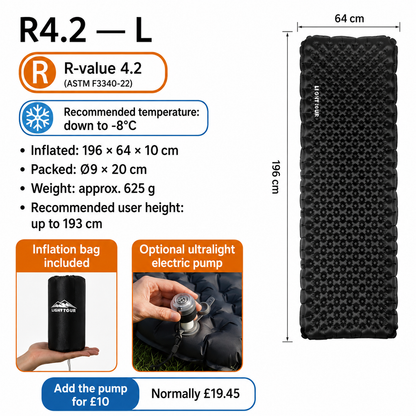 Light Tour sleeping pad R4.2, large specifications – optional electric pump