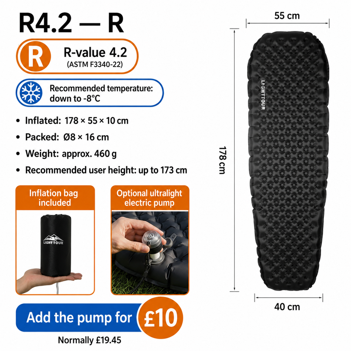 Light Tour sleeping pad R4.2, regular specifications – optional electric pump