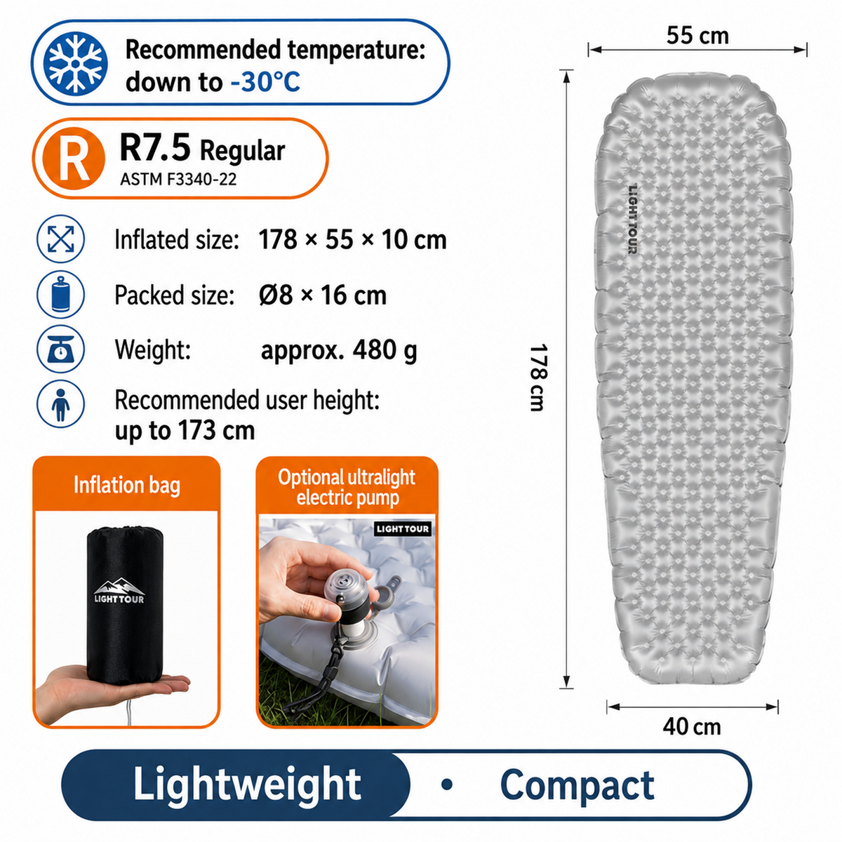 Light Tour R7.5 R lightweight sleeping pad with inflation bag and optional electric pump – specification chart
