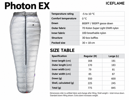 Photon EX specifications diagram for an insulated down quilt