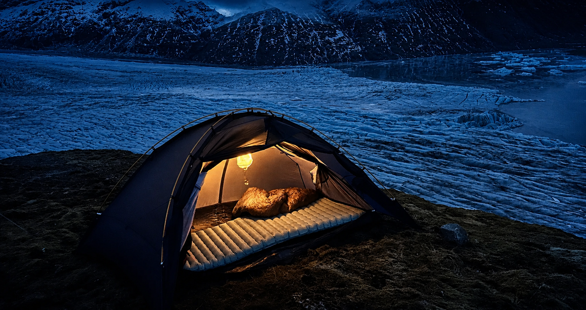 Tanwa Saga tent glowing at dusk above a glacial valley