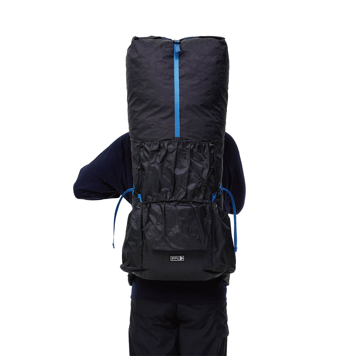 Black PPU Tibet 55 backpack worn from the rear