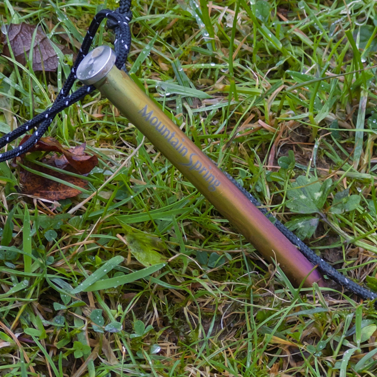 Titanium rainbow tent peg secured in grass