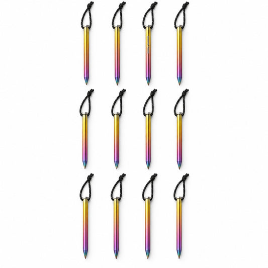 Twelve Mountain Spring titanium rainbow tent pegs on a white background